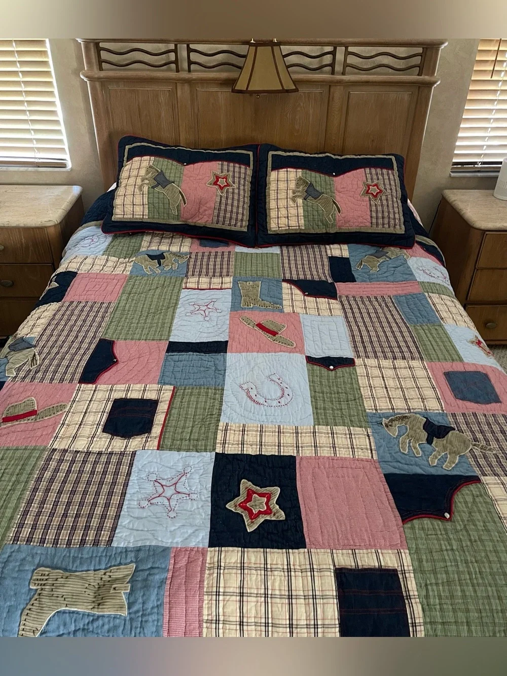 VTG Pottery Barn Kids Wild West Patchwork 100% Cotton Quilt & 2 Pillow Shams